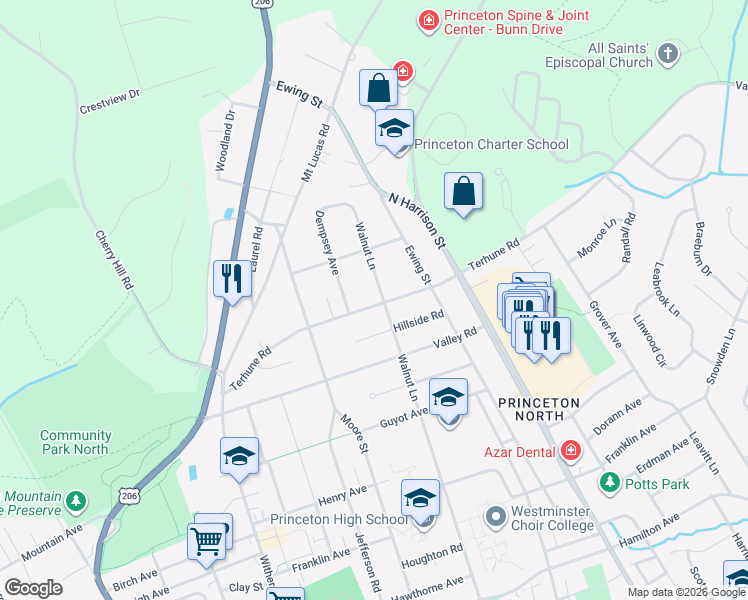 map of restaurants, bars, coffee shops, grocery stores, and more near 194 Terhune Road in Princeton