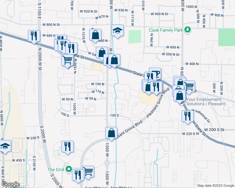 map of restaurants, bars, coffee shops, grocery stores, and more near 1249 West Cambria Drive in Pleasant Grove