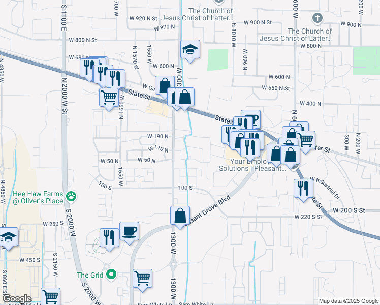 map of restaurants, bars, coffee shops, grocery stores, and more near 84 North Spencer Road in Pleasant Grove