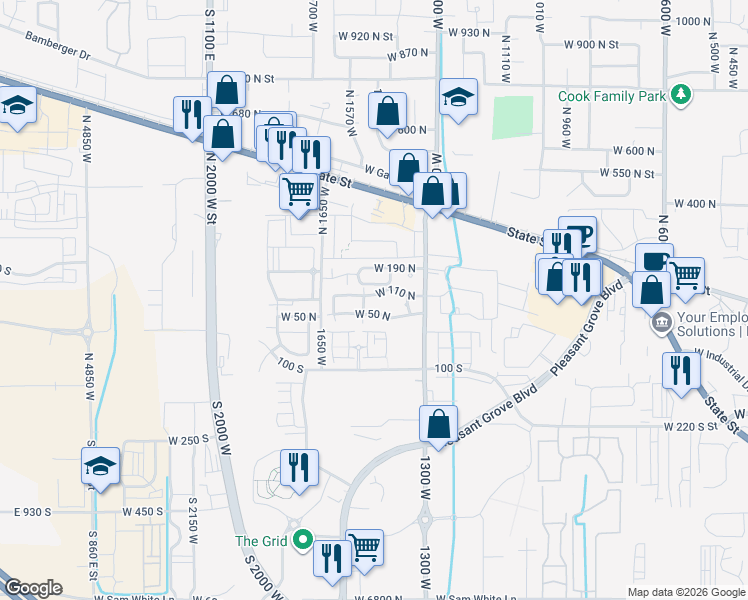 map of restaurants, bars, coffee shops, grocery stores, and more near 1493 West 110 North in Pleasant Grove