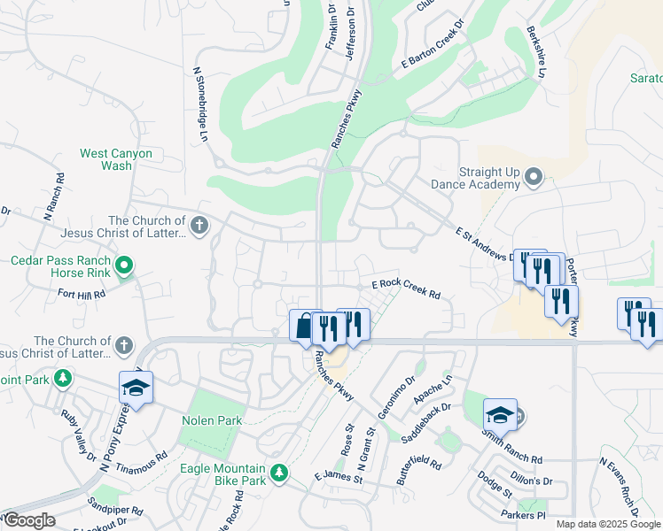 map of restaurants, bars, coffee shops, grocery stores, and more near 3543 Ranches Parkway in Eagle Mountain