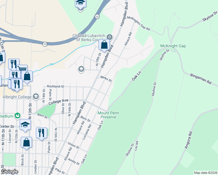 map of restaurants, bars, coffee shops, grocery stores, and more near 2040 Lorraine Road in Reading