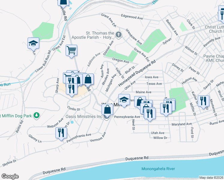 map of restaurants, bars, coffee shops, grocery stores, and more near 1966 Michigan Avenue in West Mifflin