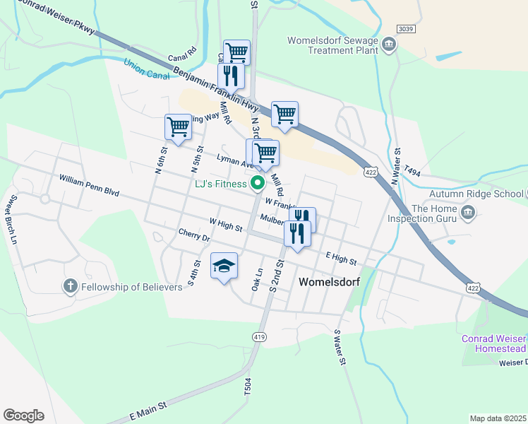 map of restaurants, bars, coffee shops, grocery stores, and more near 33 N 3rd St in Womelsdorf
