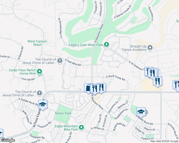 map of restaurants, bars, coffee shops, grocery stores, and more near 3543 Ranches Parkway in Eagle Mountain