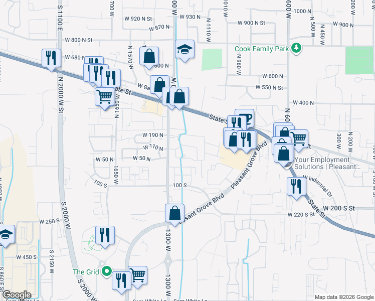 map of restaurants, bars, coffee shops, grocery stores, and more near 84 North Spencer Road in Pleasant Grove