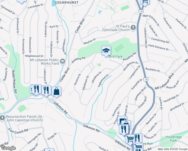 map of restaurants, bars, coffee shops, grocery stores, and more near 77 Altadena Drive in Pittsburgh