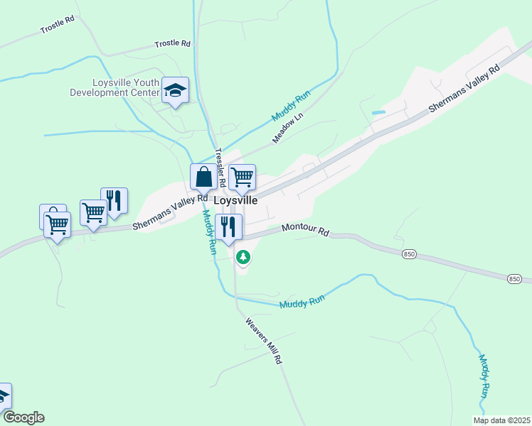 map of restaurants, bars, coffee shops, grocery stores, and more near 48 Deer Run Alley in Loysville