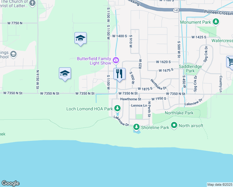 map of restaurants, bars, coffee shops, grocery stores, and more near North 2090 East in Lehi