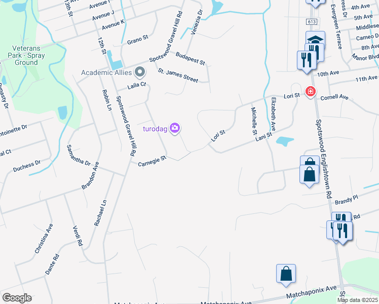 map of restaurants, bars, coffee shops, grocery stores, and more near 44 Lori Street in Monroe Township