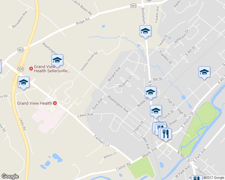 map of restaurants, bars, coffee shops, grocery stores, and more near 29A Kittery Court in Sellersville
