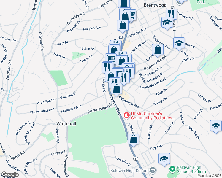 map of restaurants, bars, coffee shops, grocery stores, and more near 4241 Clairton Boulevard in Pittsburgh