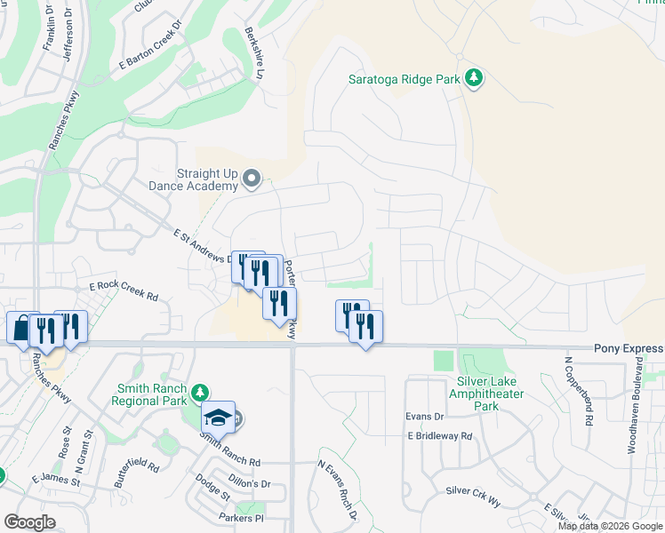 map of restaurants, bars, coffee shops, grocery stores, and more near Parnell Lane in Eagle Mountain