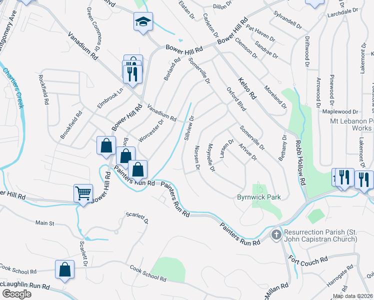 map of restaurants, bars, coffee shops, grocery stores, and more near 1753 Sillview Dr in Pittsburgh
