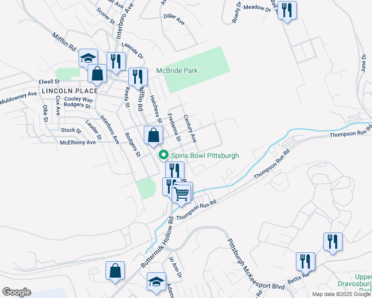 map of restaurants, bars, coffee shops, grocery stores, and more near 5909 Fredanna Street in Pittsburgh