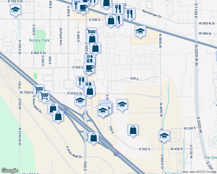 map of restaurants, bars, coffee shops, grocery stores, and more near 572 South 600 East Street in American Fork