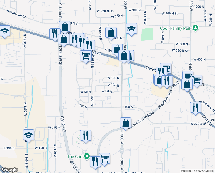 map of restaurants, bars, coffee shops, grocery stores, and more near 1493 W 110 N in Pleasant Grove