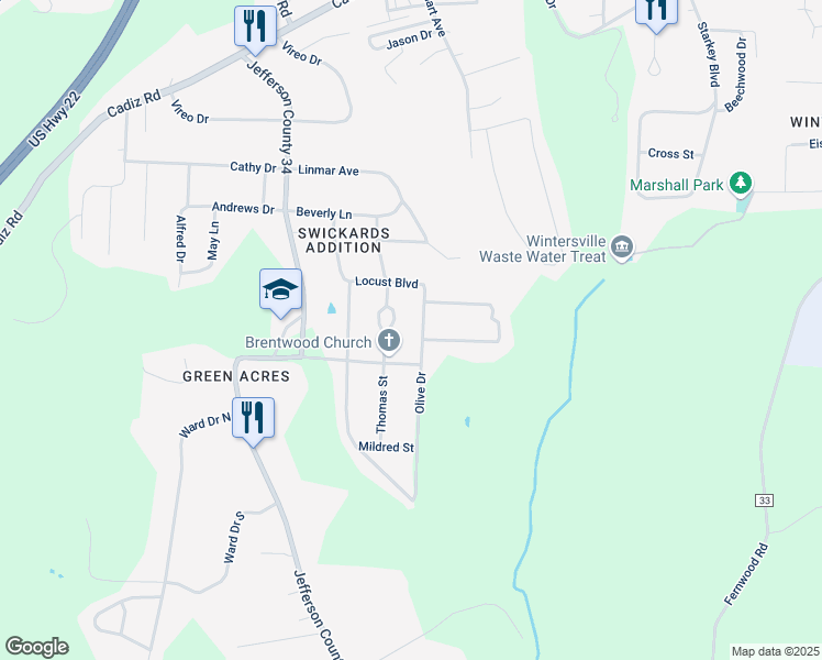 map of restaurants, bars, coffee shops, grocery stores, and more near 227 Olive Drive in Steubenville
