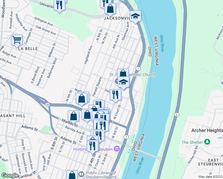 map of restaurants, bars, coffee shops, grocery stores, and more near 408 North 5th Street in Steubenville