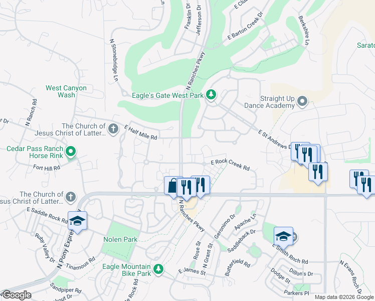 map of restaurants, bars, coffee shops, grocery stores, and more near 3543 East Rock Creek Road in Eagle Mountain