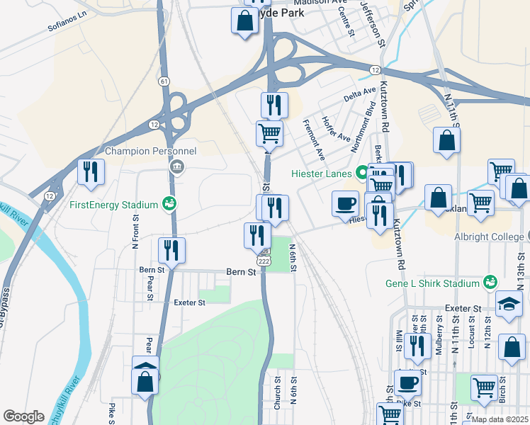 map of restaurants, bars, coffee shops, grocery stores, and more near U.S. 222 Business in Berks County