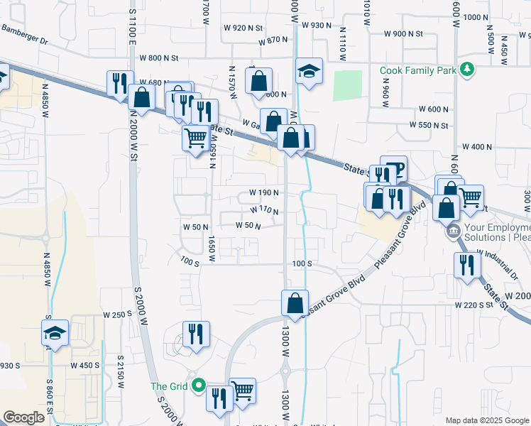 map of restaurants, bars, coffee shops, grocery stores, and more near 1429 West 110 North in Pleasant Grove