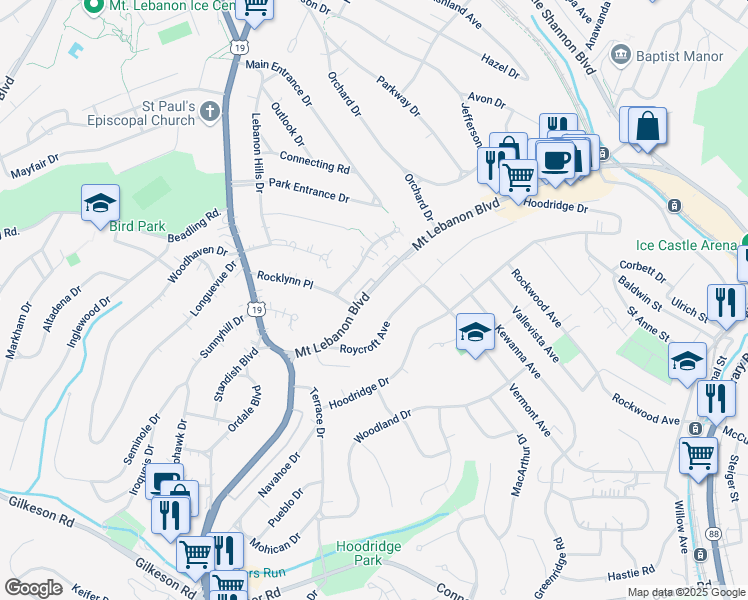 map of restaurants, bars, coffee shops, grocery stores, and more near 100 Mount Lebanon Boulevard in Mount Lebanon