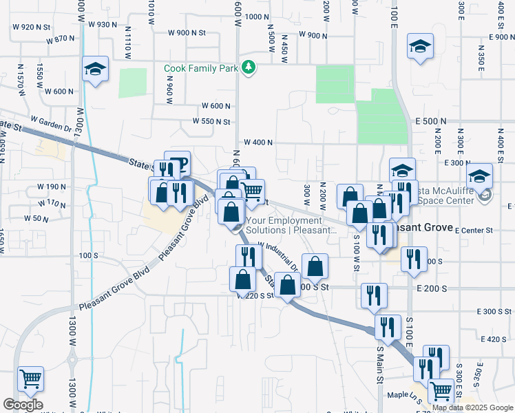 map of restaurants, bars, coffee shops, grocery stores, and more near 517 W Center St in Pleasant Grove