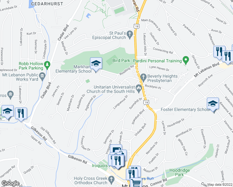 map of restaurants, bars, coffee shops, grocery stores, and more near 95 Woodhaven Drive in Pittsburgh