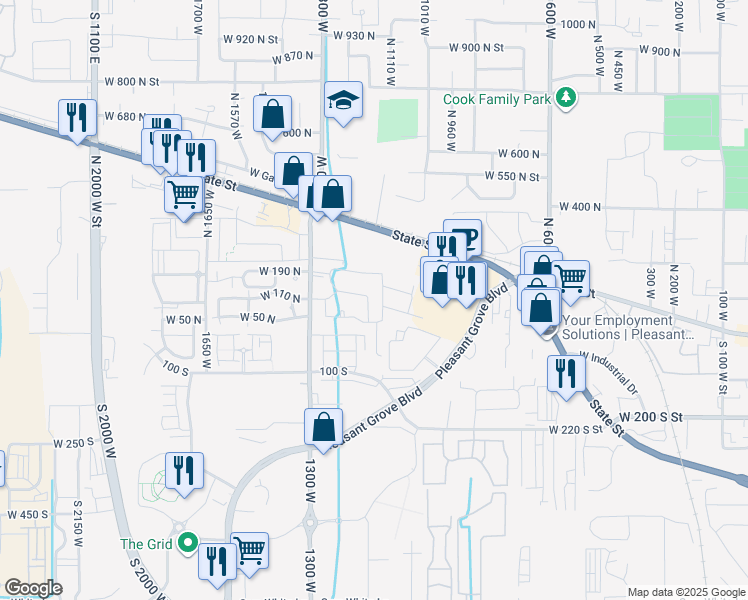 map of restaurants, bars, coffee shops, grocery stores, and more near 123 North Romney Lane in Pleasant Grove