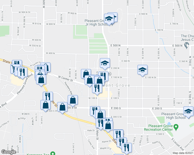map of restaurants, bars, coffee shops, grocery stores, and more near 31 West 100 North in Pleasant Grove