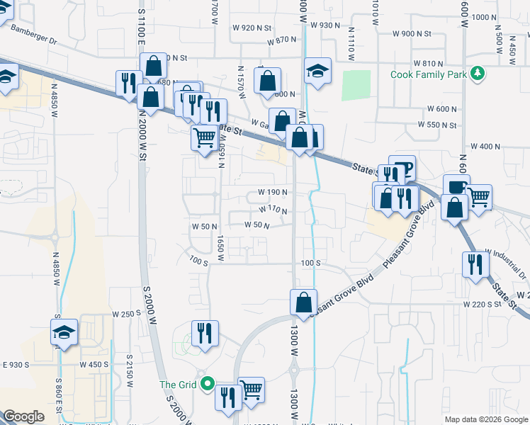 map of restaurants, bars, coffee shops, grocery stores, and more near 1493 West 110 North in Pleasant Grove