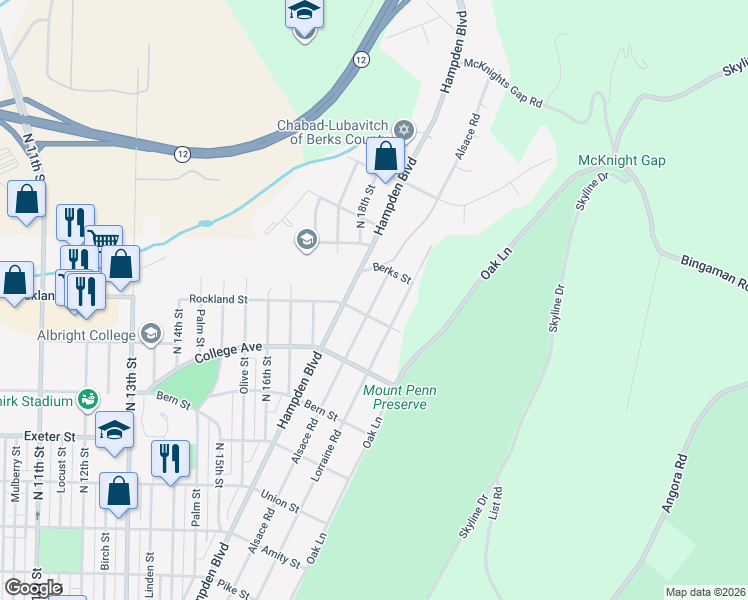 map of restaurants, bars, coffee shops, grocery stores, and more near 2001 Hampden Boulevard in Reading