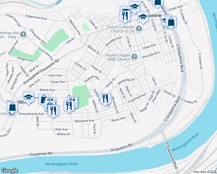 map of restaurants, bars, coffee shops, grocery stores, and more near 808 Hinnerman Street in Duquesne