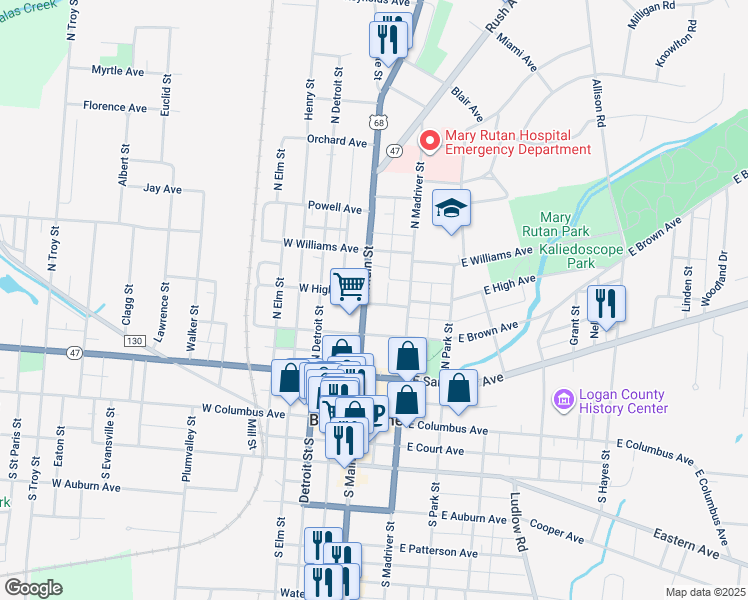 map of restaurants, bars, coffee shops, grocery stores, and more near 101-129 East High Avenue in Bellefontaine