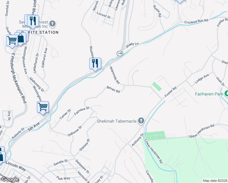 map of restaurants, bars, coffee shops, grocery stores, and more near 3522 Bevan Road in North Versailles