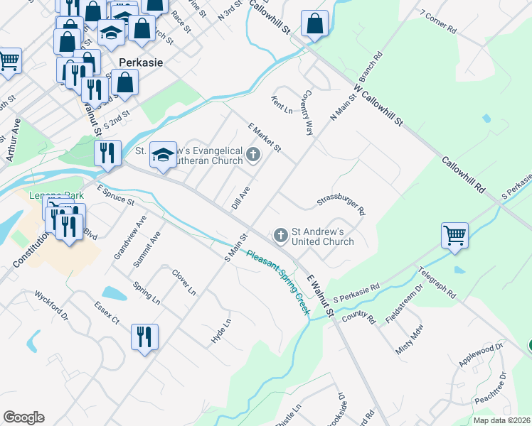 map of restaurants, bars, coffee shops, grocery stores, and more near 133 South Main Street in Perkasie