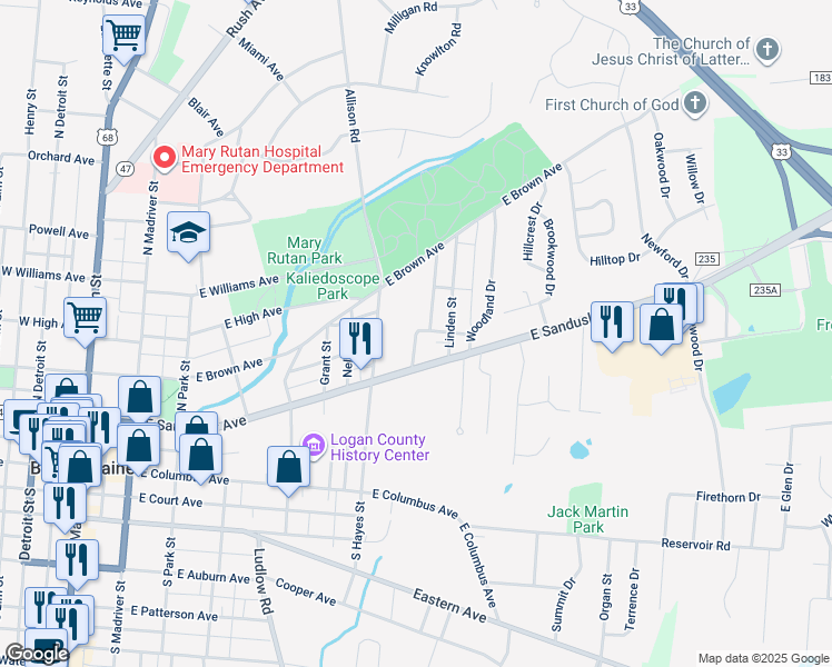 map of restaurants, bars, coffee shops, grocery stores, and more near 628 Oakland Avenue in Bellefontaine