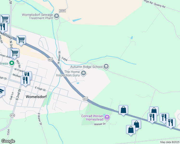 map of restaurants, bars, coffee shops, grocery stores, and more near 305 Dogwood Lane in Womelsdorf
