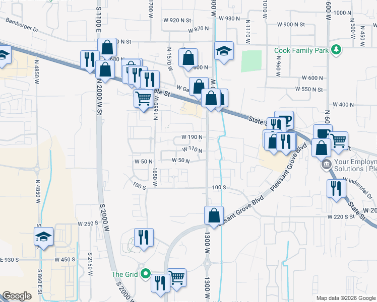 map of restaurants, bars, coffee shops, grocery stores, and more near 1453 West 110 North in Pleasant Grove