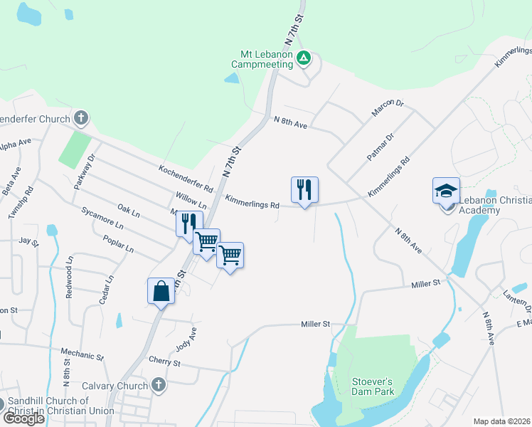 map of restaurants, bars, coffee shops, grocery stores, and more near 720 Kimmerlings Road in Lebanon