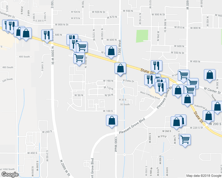 map of restaurants, bars, coffee shops, grocery stores, and more near 1409 West 110 North in Pleasant Grove