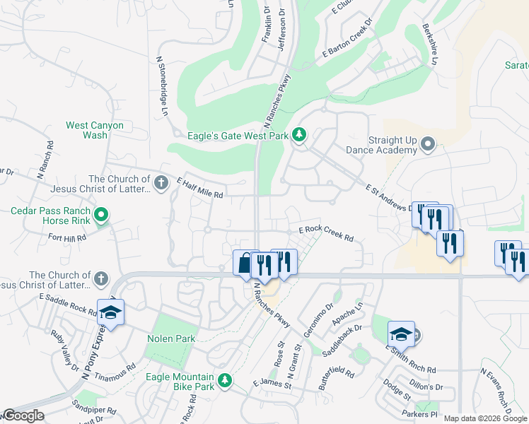 map of restaurants, bars, coffee shops, grocery stores, and more near 3543 Ranches Parkway in Eagle Mountain