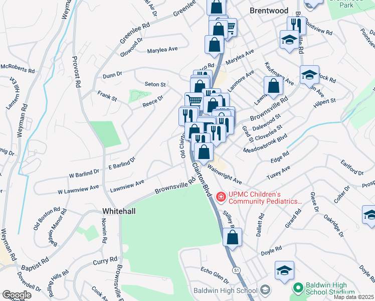 map of restaurants, bars, coffee shops, grocery stores, and more near 4241 Clairton Boulevard in Pittsburgh
