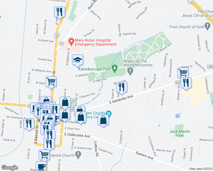 map of restaurants, bars, coffee shops, grocery stores, and more near 521 East Brown Avenue in Bellefontaine