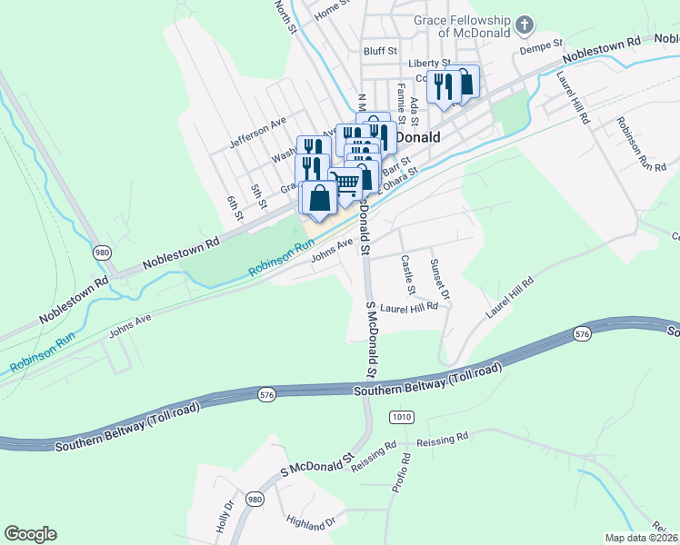 map of restaurants, bars, coffee shops, grocery stores, and more near 100 Bennett Place in McDonald