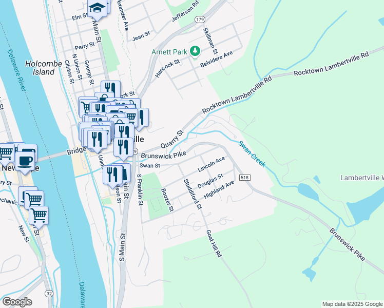 map of restaurants, bars, coffee shops, grocery stores, and more near 123 Brunswick Avenue in Lambertville