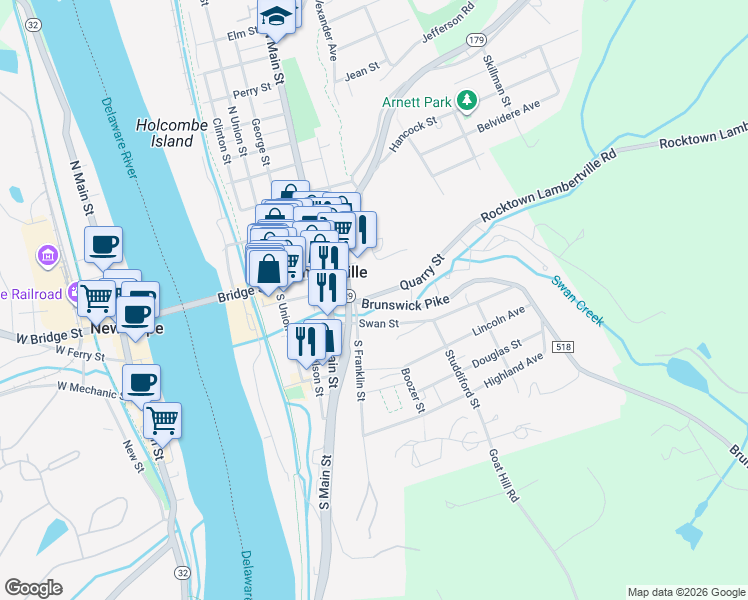 map of restaurants, bars, coffee shops, grocery stores, and more near 43 Brunswick Avenue in Lambertville