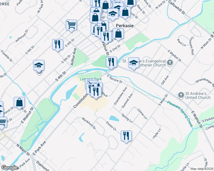 map of restaurants, bars, coffee shops, grocery stores, and more near 305 Pin Oak Lane in Perkasie