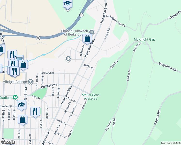 map of restaurants, bars, coffee shops, grocery stores, and more near 2040 Lorraine Road in Reading